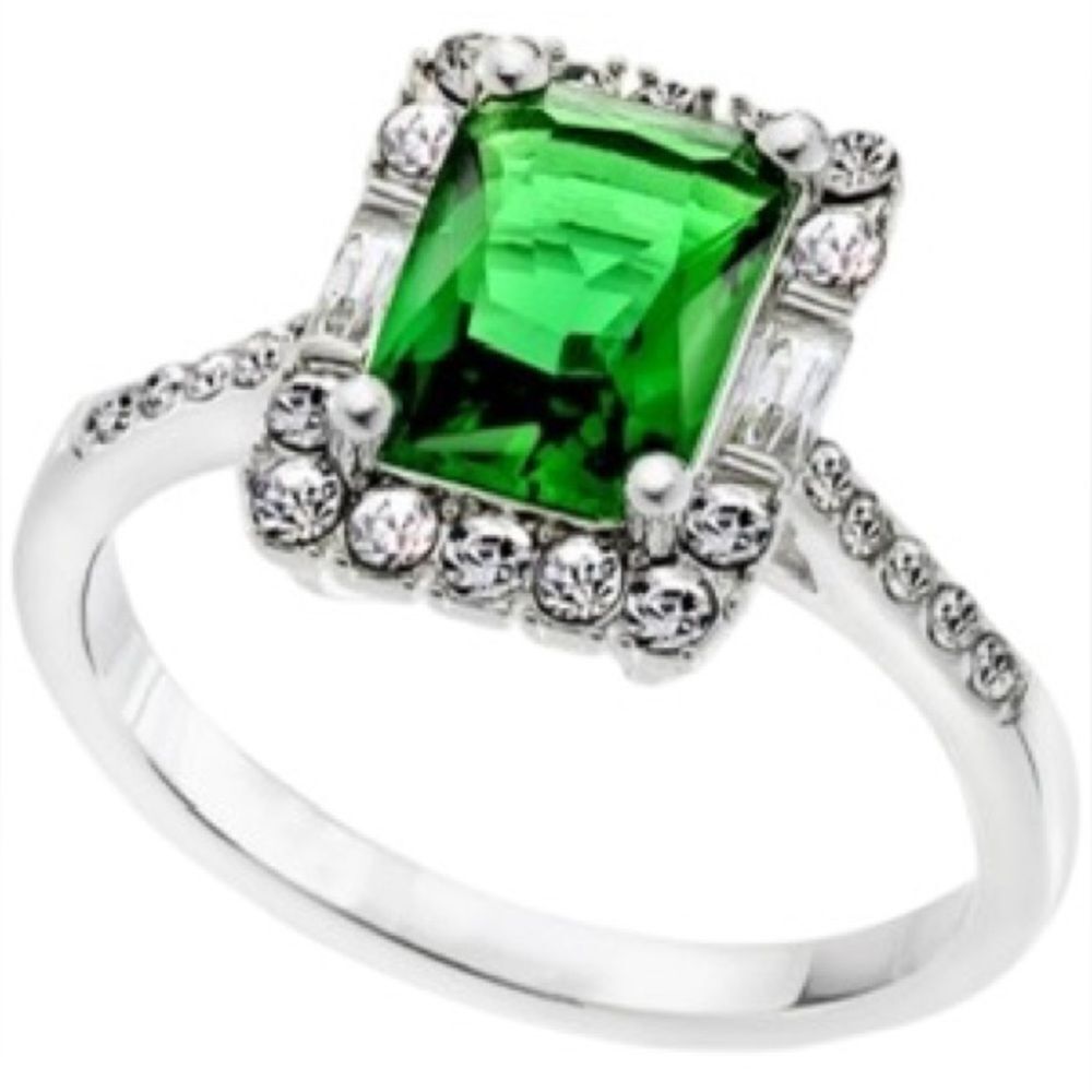 Charter Club Silver-Tone Pave & Emerald-color Crystal Halo Ring size 9